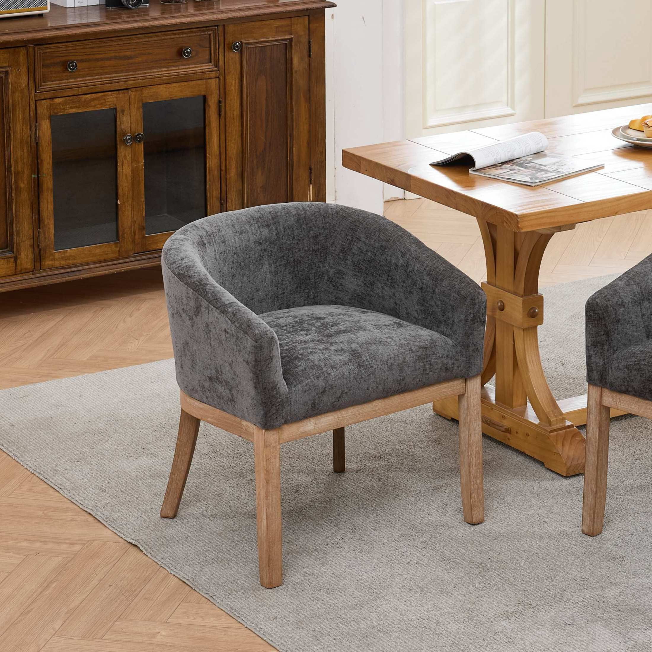 Noble House Barrel Dining Chair with Arms, Chenille Upholstery, Rubberwood Frame, Gray