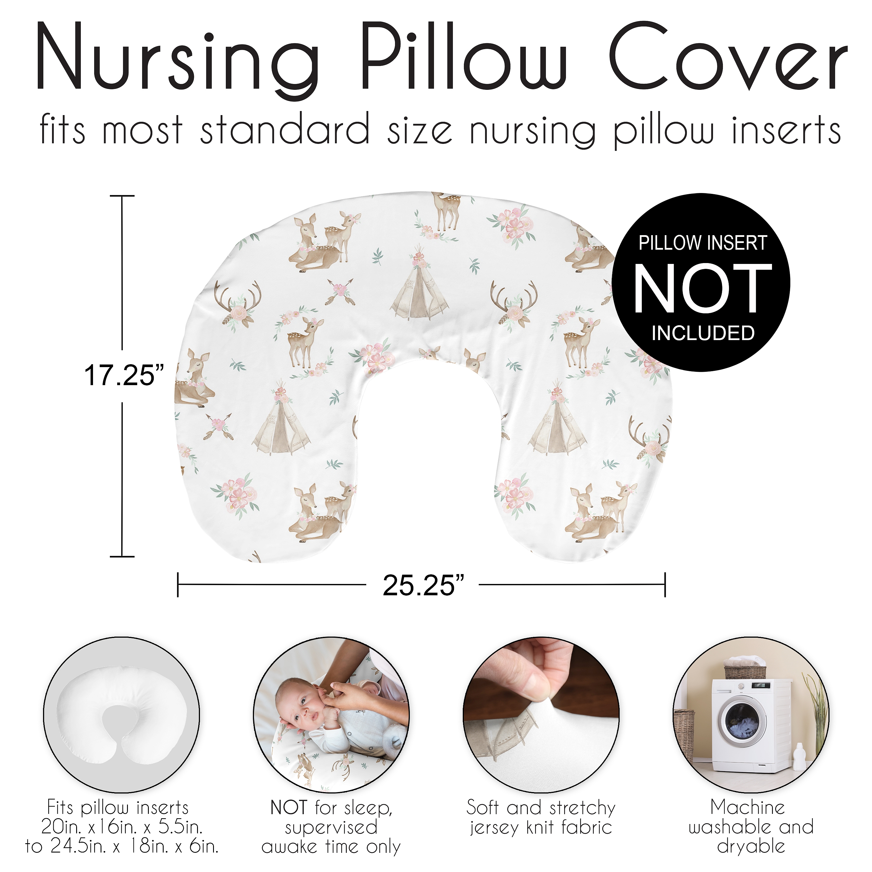 Sweet Jojo Designs Deer Floral Pink Green and White Nursing Pillow Cover Case (Pillow Not Included) (Pillow NOT Included)
