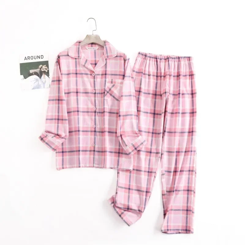 Pyjama Femme Longue à Carreaux En Coton - Ensemble Deux Pièces Pour Automne Et Hiver
