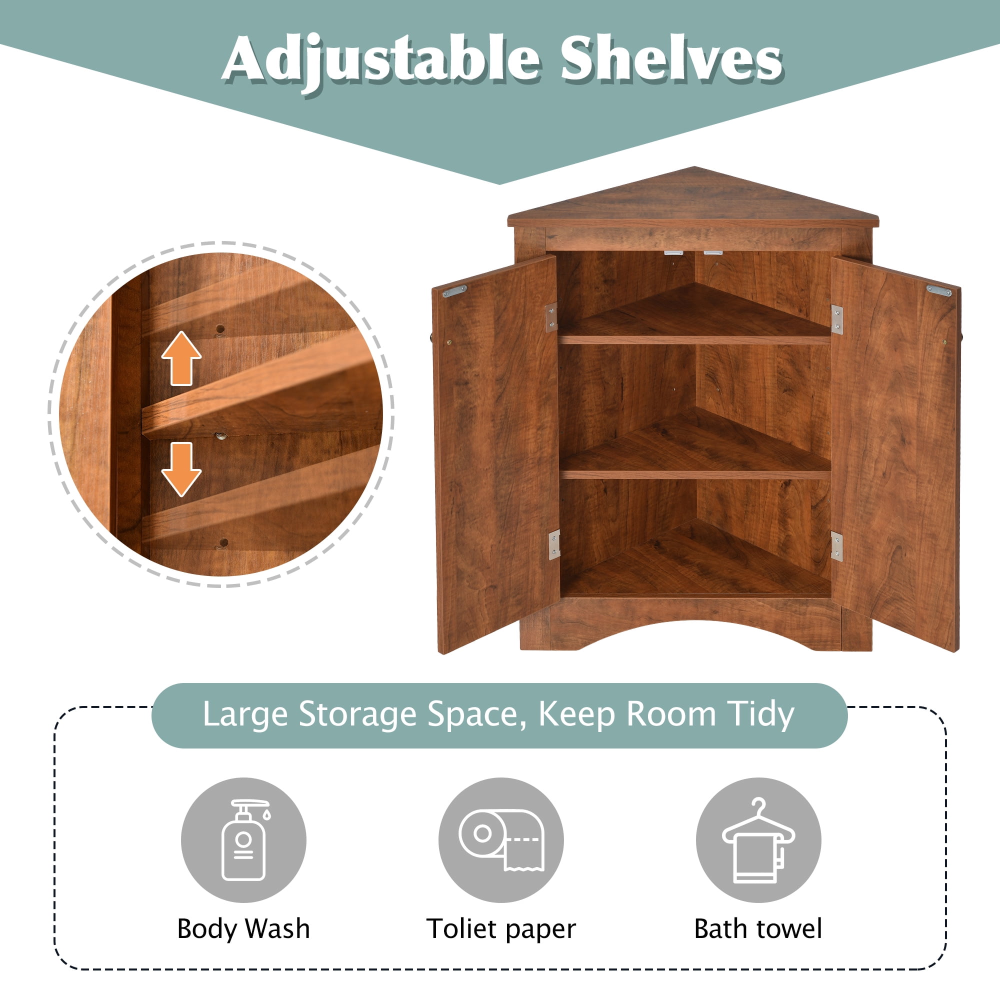 Bathroom Corner Storage Cabinet, Triangle Storage Cabinet with Adjustable Shelves, Freestanding Cabinet Organizer for Bathroom, Living Room, Kitchen