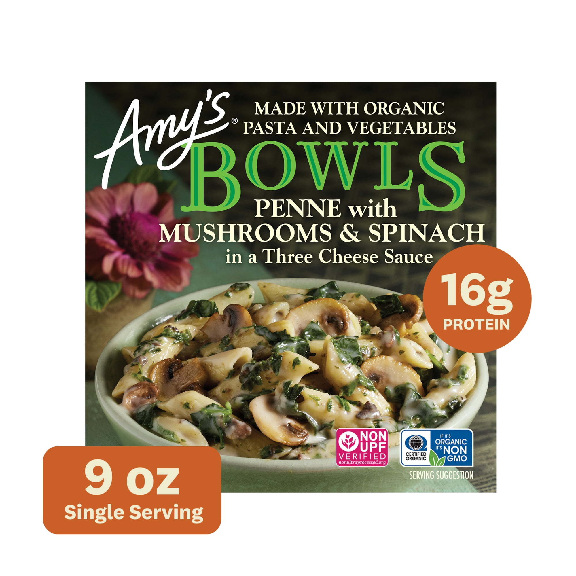 Amy's Frozen Meals, Mushroom Spinach Penne Bowl, Microwave Meals, 9 oz