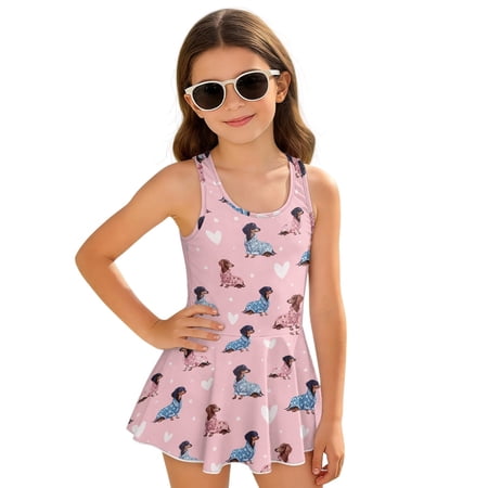 Uourmeti Girls Cartoon Dachshund & Heart Skirted One-Piece Swimsuit - Quick Dry Stretchy Swim Dress for Beach & Pool Vacation