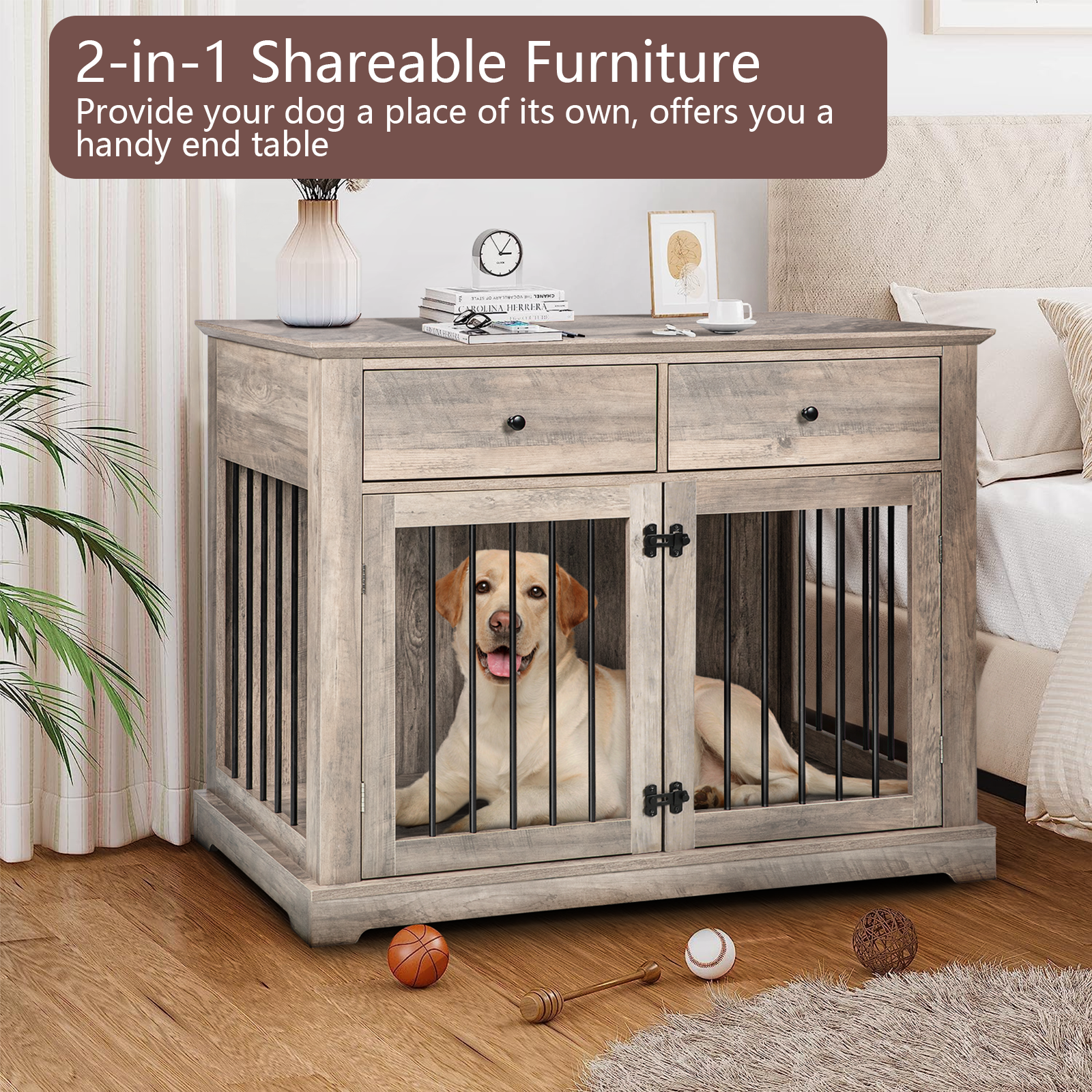 Waleaf 44" Large Dog Crate Kennel Furniture with 2 Storage Drawers for inside, Wooden Pet Cage for Medium Large Dogs