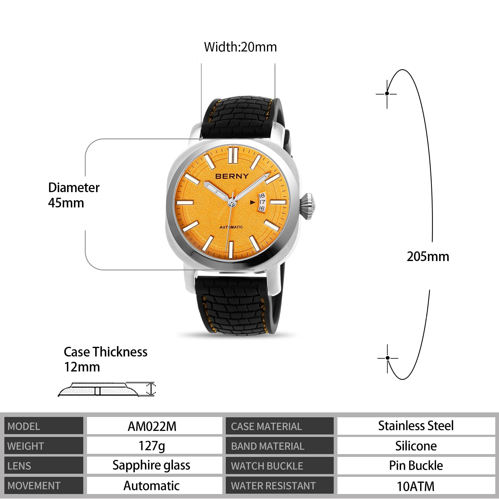 BERNY Automatic Watch for Men, Sport 10ATM Waterproof Mechanical Watch with Silicone Strap, Date Calendar, Super Luminous, Sapphire Glass, Fashion Men's Diver Wristwatch, Orange