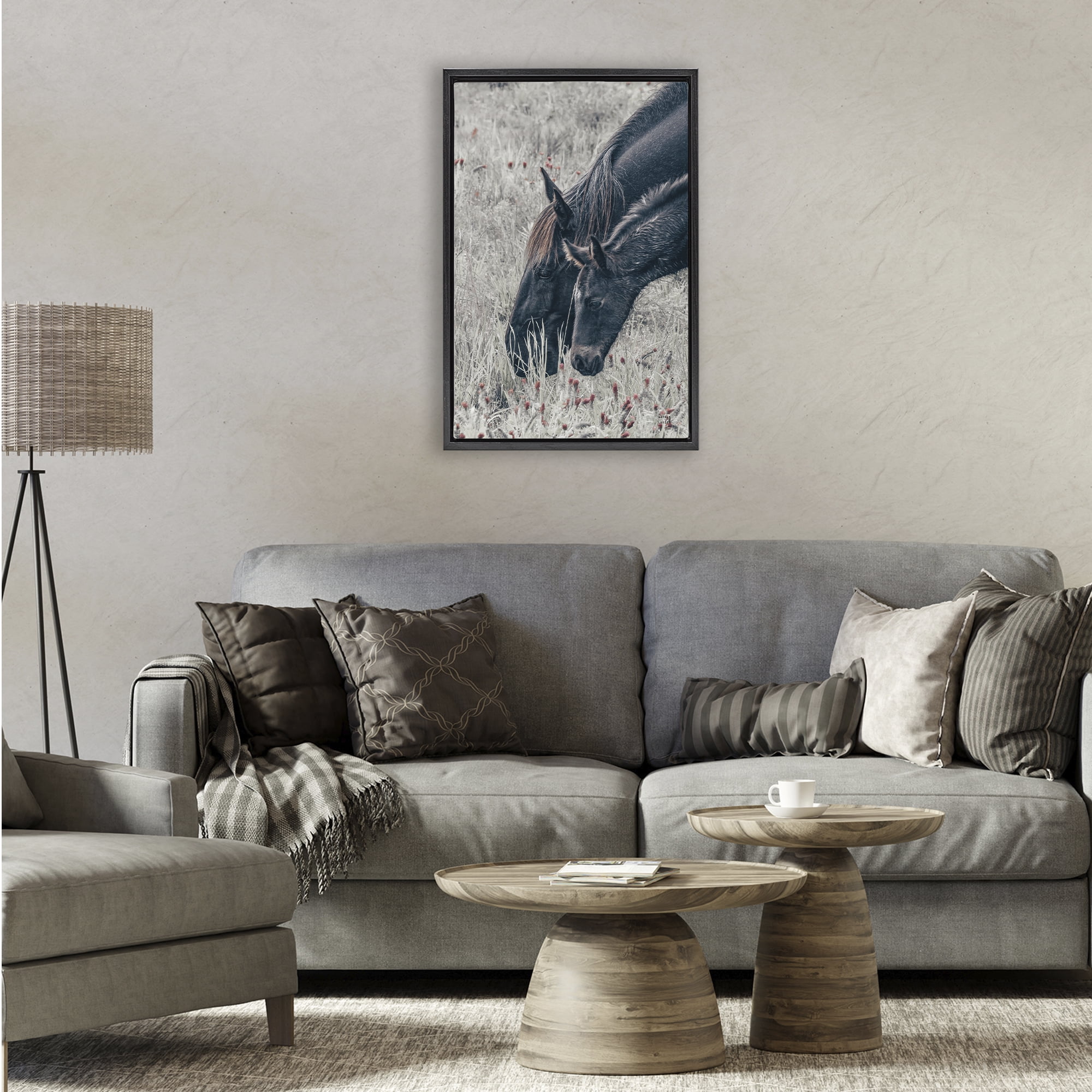 Stupell Industries New Graze Horses in Meadow Black Framed Floater Canvas Wall Art, design by Nathan Larson