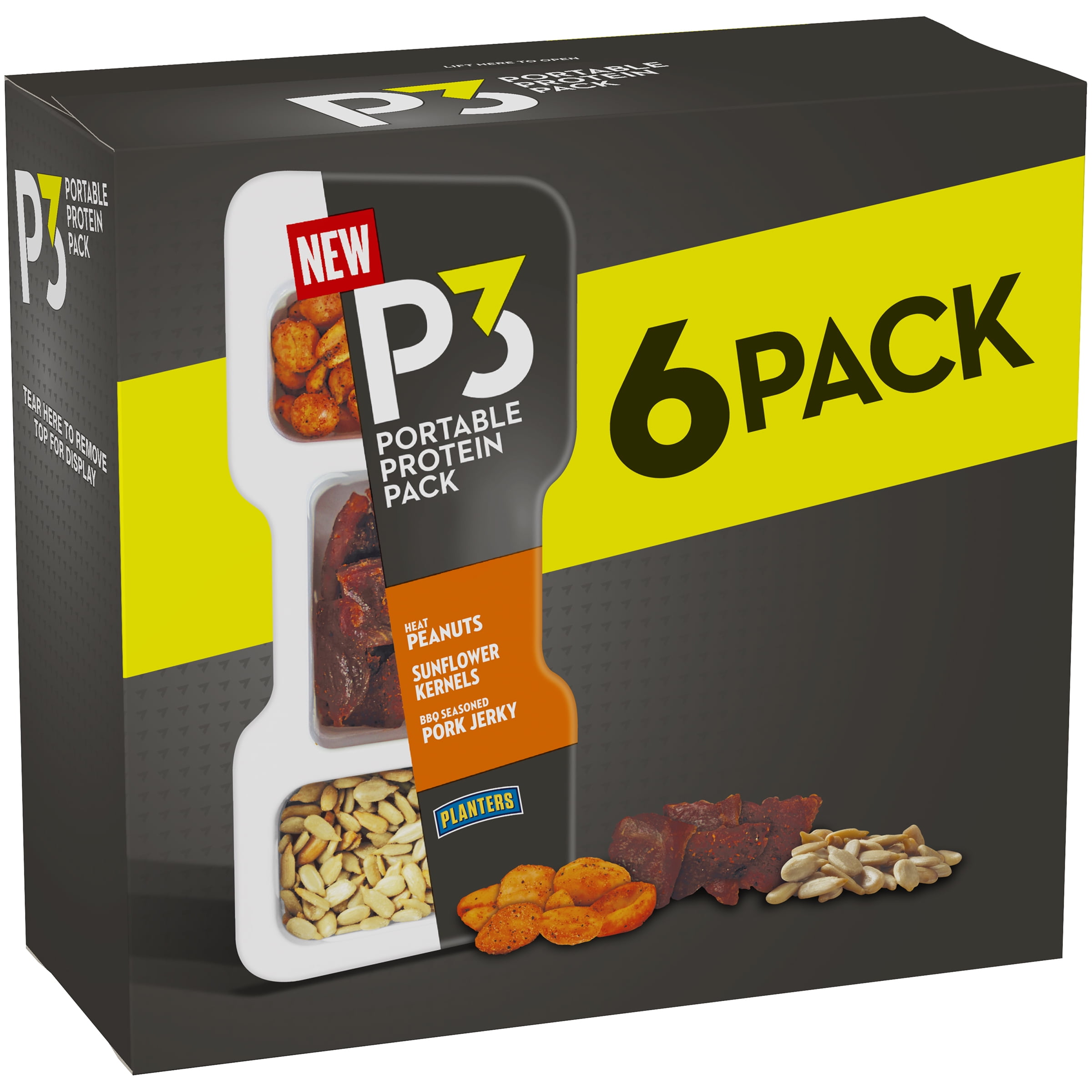 Planters P3 Heat Peanuts, Sunflower Kernels & BBQ Seasoned Pork Jerky, 6 1.8 oz Trays