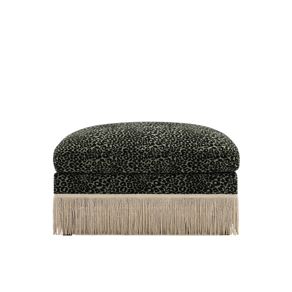 Leopard Print Chenille Ottoman - Green and Black Upholstered Foot Rest Stool for Living Room, Bedroom, Entryway, Modern Accent Furniture