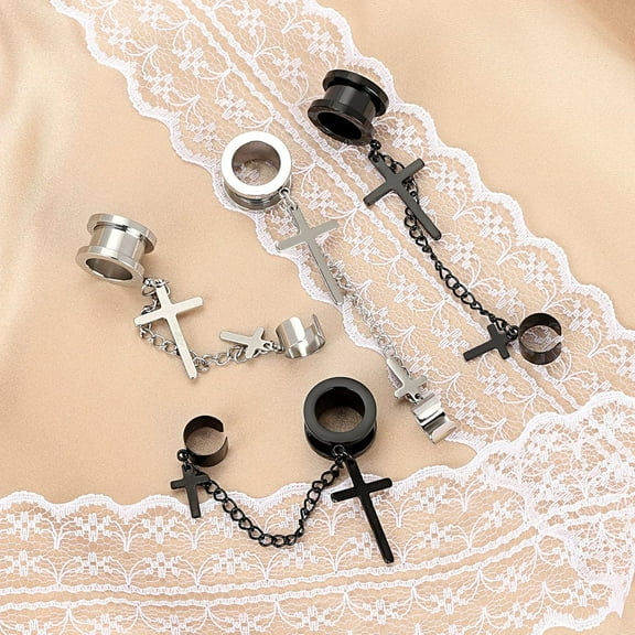 GHRTGR-2 Pairs Surgical Steel Dangle Cross Ear Tunnels Fashion Ear Gauges Plugs Expander Stretchers Piercings Black & Silver 2g-5/8