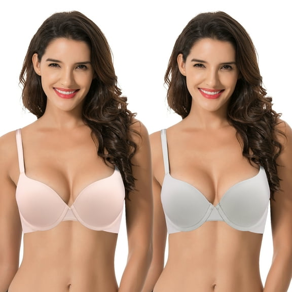 Curve Muse Women's Light Lift Add 1 Cup Push Up Underwire Convertible Tshirt Bra-2PK-LT GRAY,PINK-32B