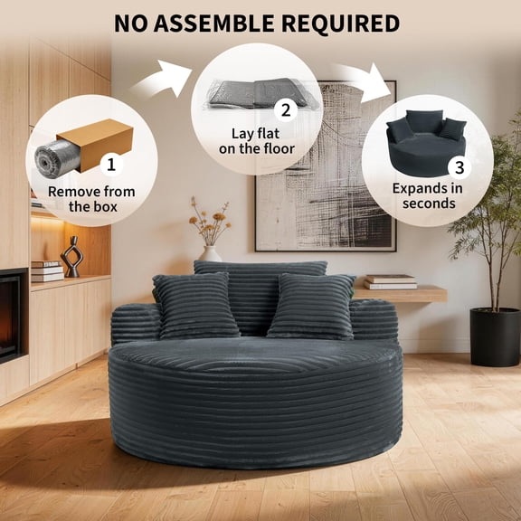 55" Oversized Round Chaise Lounge Chair, Corduroy Boneless Sofa Bed with 3 Pillows, No Assembly Needed, Deep Seat Cloud Couch for Living Room
