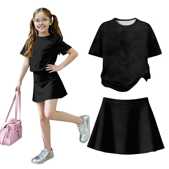 Grblisyd Girls 2 Piece Outfits Cute Solid Color Short Sleeve Tops and Casual Skirt Set