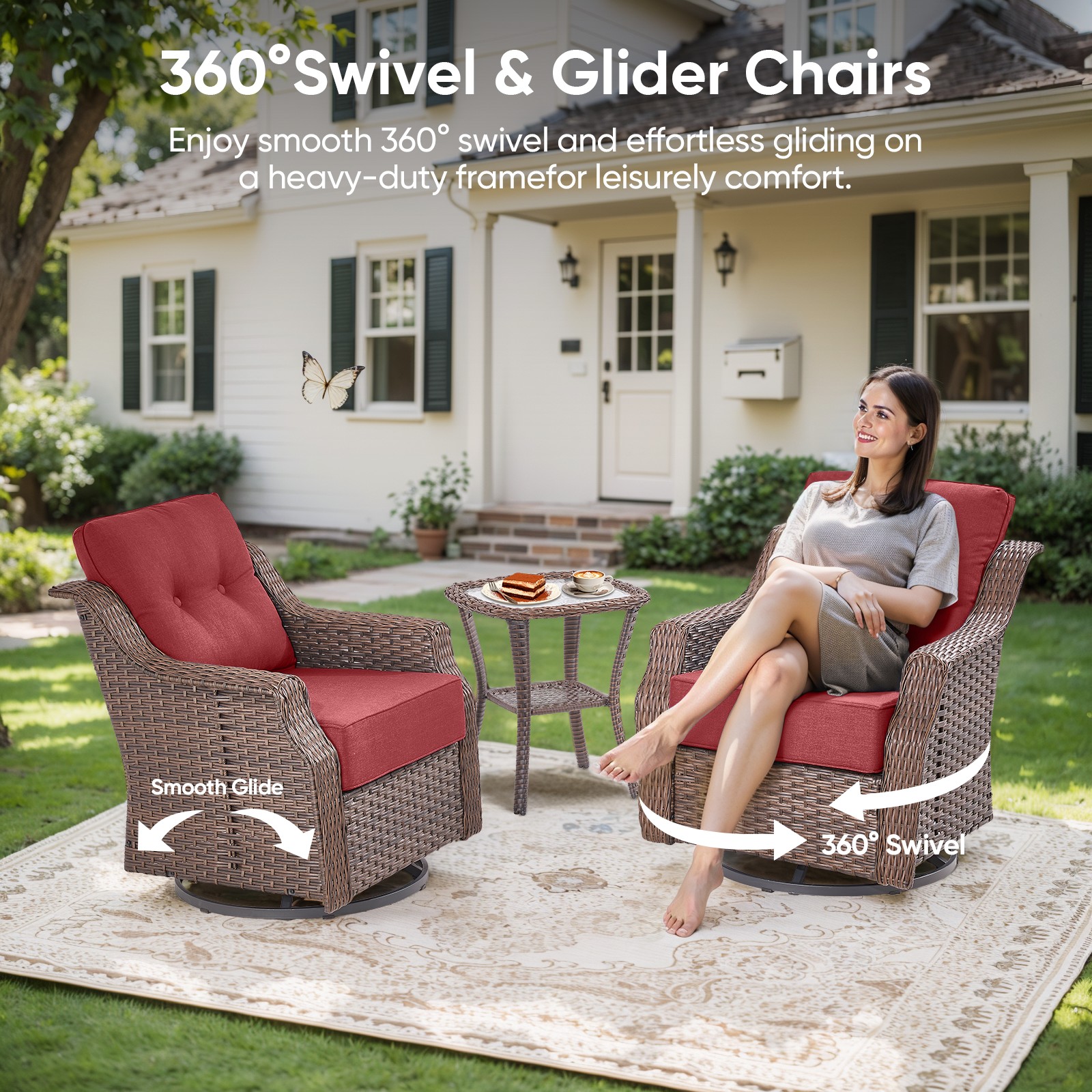 PARKWELL 3-Piece Outdoor Swivel Rocker Chair with Side Table,All-Weather Rattan Swivel Glider Rocking Lounge Chair,Patio Bistro Set for Porch Deck Backyard,Brown/Red
