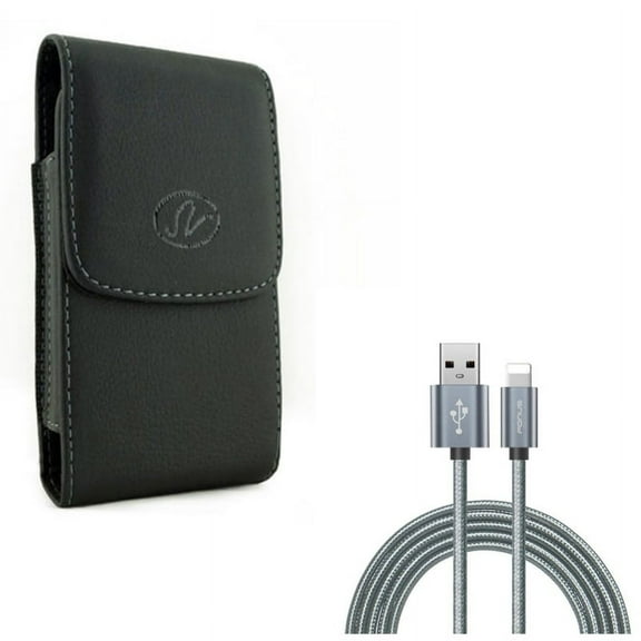 Charger Cord 6ft USB Cable w Leather Case Belt Clip for #model_series - Power Wire Braided Long Sync and Holster Cover Pouch Vertical Carry