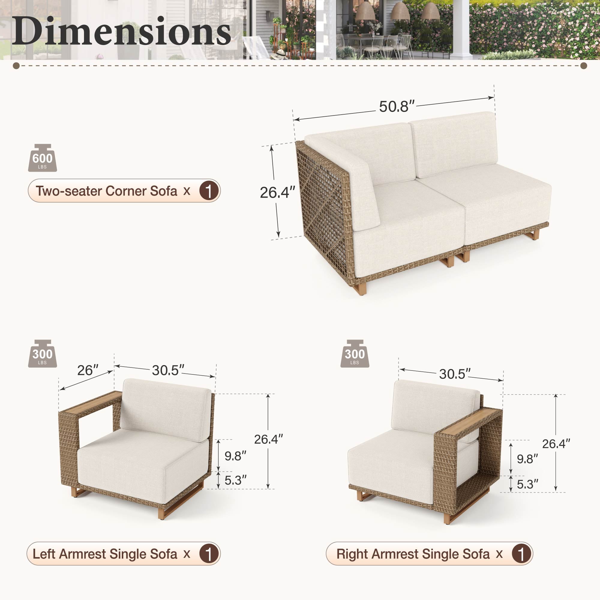 MF Studio 4-Piece Wicker Patio Furniture Set, L-Shaped Outdoor Sectional Sofa with 9.8" Extra Thick Cushions, Beige