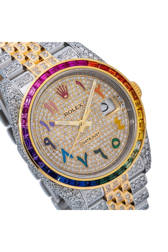Pre-Owned Rolex Datejust 36MM 116233 Diamond Paved Rainbow Eastern Arabic Dial Rainbow Gemstone Bezel Two Tone Yellow Gold Full Diamond Jubilee Bracelet 11.25ct