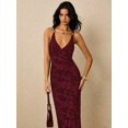 thumbnail image 3 of Burgundy Floral V-Neck Backless Maxi Dress With Adjustable Gold-Tone Shoulder Buttons, 3 of 8