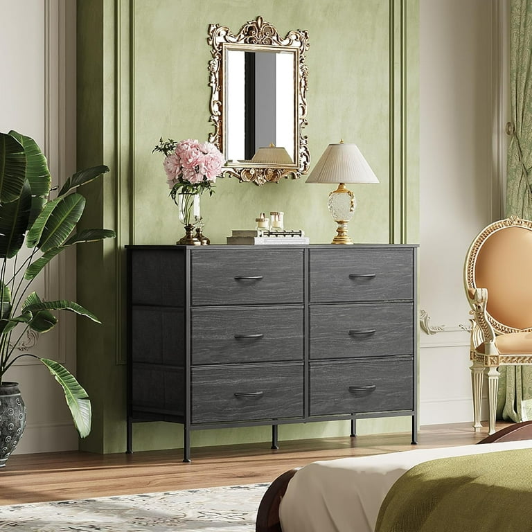 6 Drawer Dresser for Bedroom, Wide Fabric Dresser TV Stand for 50 Inches TV  with Metal Frame, Wooden Top, Chest of Drawers, Dressers for Living Room,  Hallway, Charcoal Black Wood Grain Print -