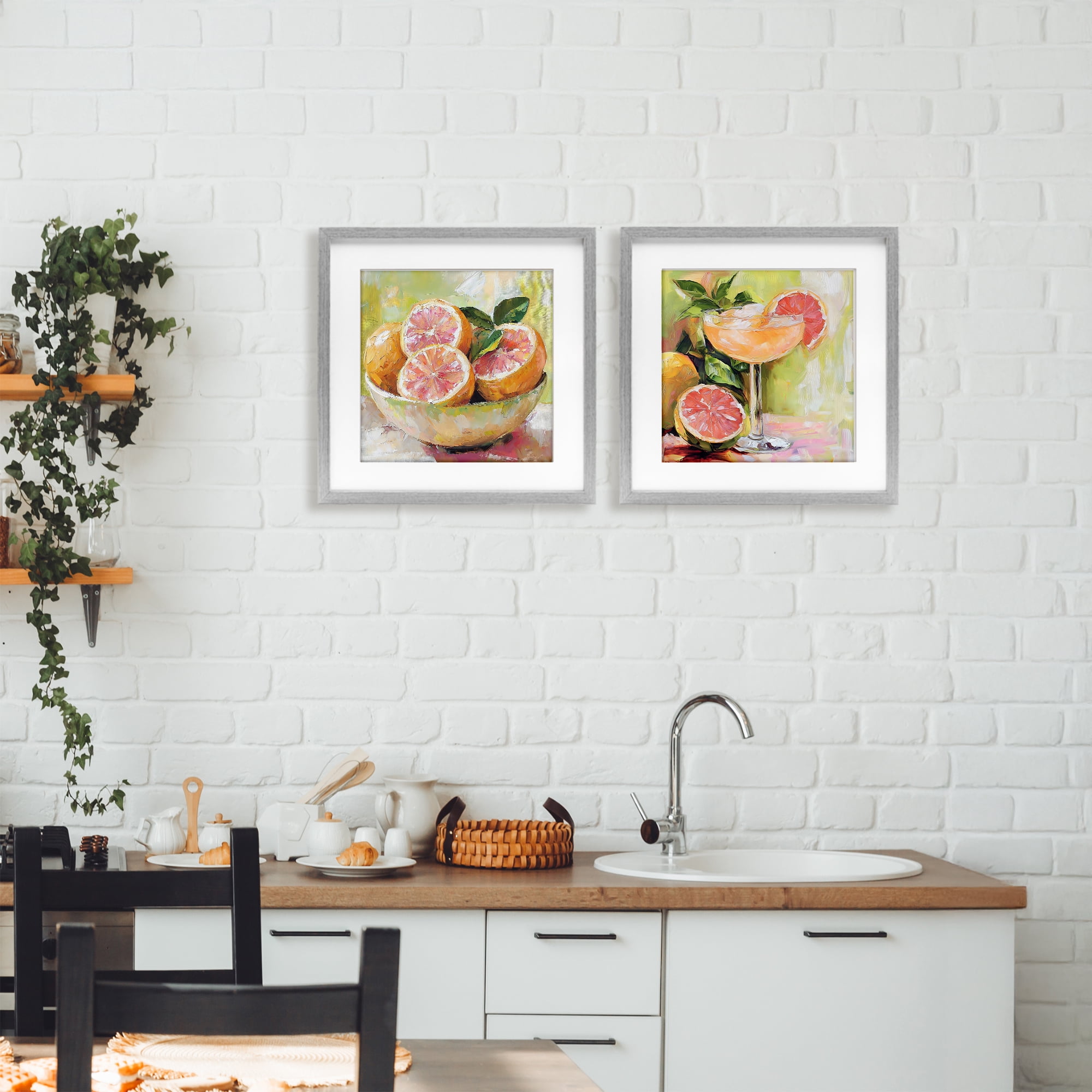 Stupell Industries Grapefruit Bowl & Cocktail 2 Piece Gray Framed Print Under Glass Set, design by Riley B
