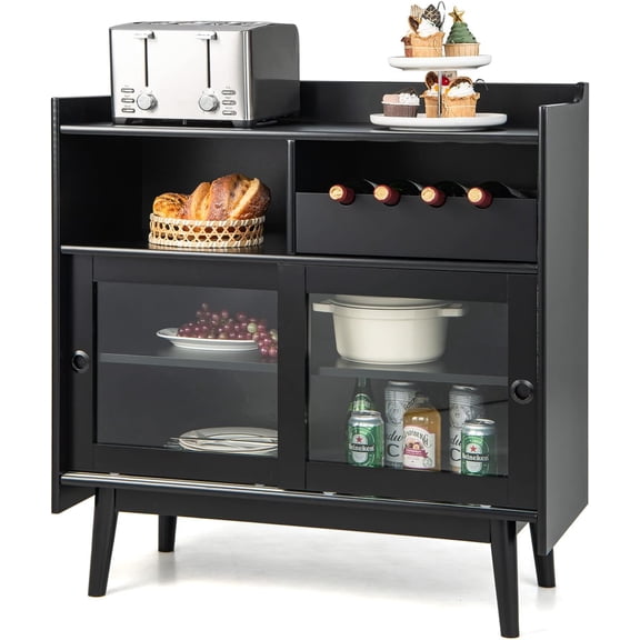 LOKO Black Buffet Cabinet with Storage, Kitchen Sideboard with Sliding Tempered Glass Doors & Pull-Out Wine Rack, Coffee Bar Station with Adjustable Shelf for Kitchen, Living Room
