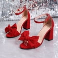 thumbnail image 3 of FRSASU Women's Heeled Sandals Black Bow Round Open Toe Buckle Chunky Block Heel Comfortable Wedding Dress Shoes Red, 3 of 9