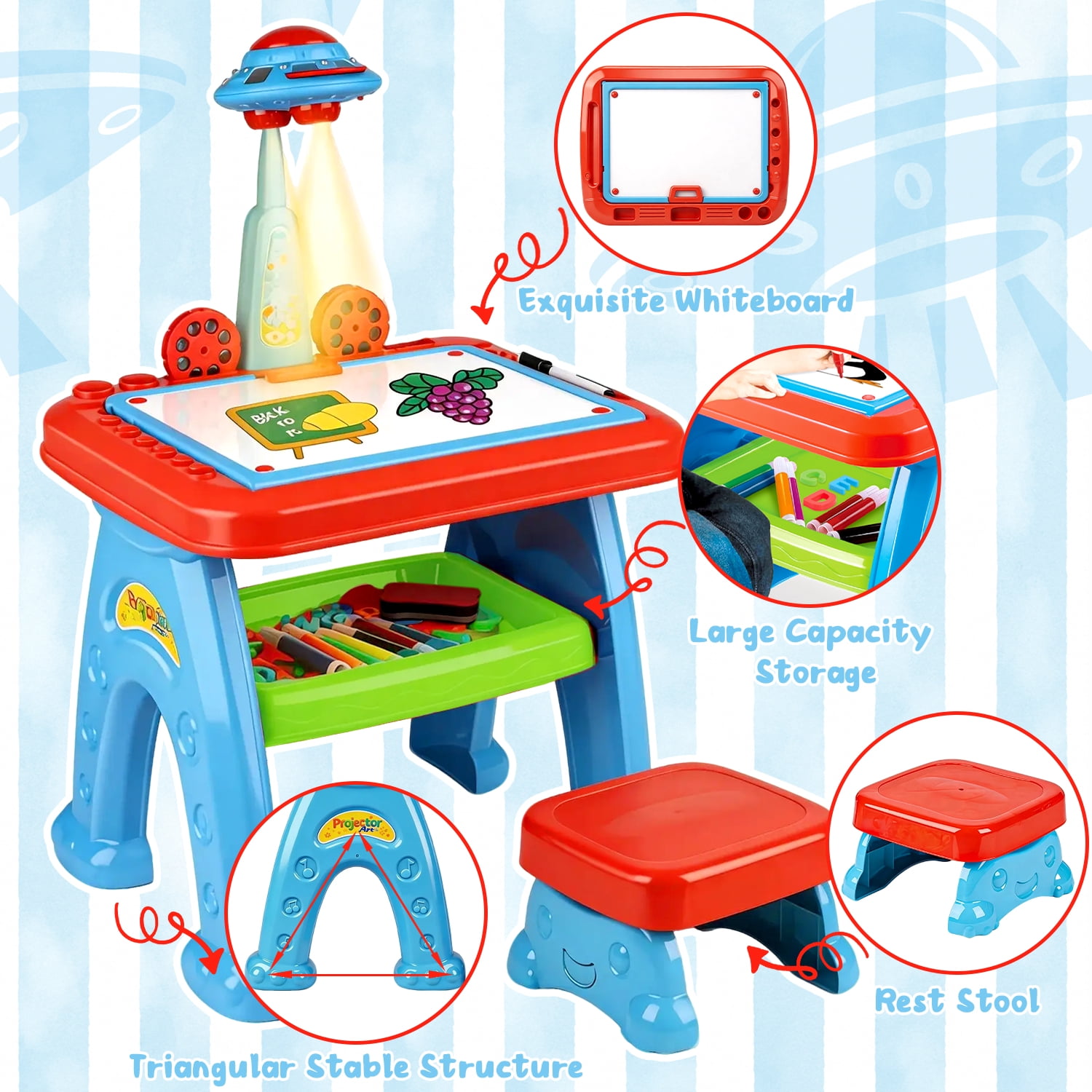 Caunedy Drawing Projector Table for Kids,Learning Projector Table Toys with Projector,Stool,Art Desk Table Kids Drawing for Ages 3-8 Years Old Girl Birthday Gifts