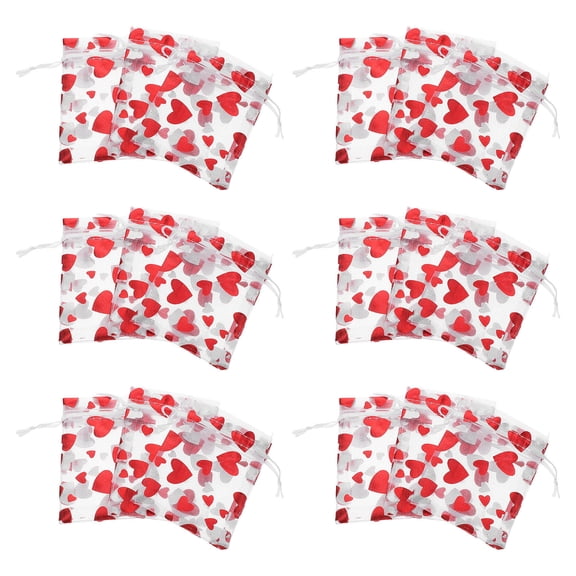 LOLIPPYY 50Pcs Valentine's Day Drawstring Bags Red Mesh Heart Candy Pouch for Festival Party Storage