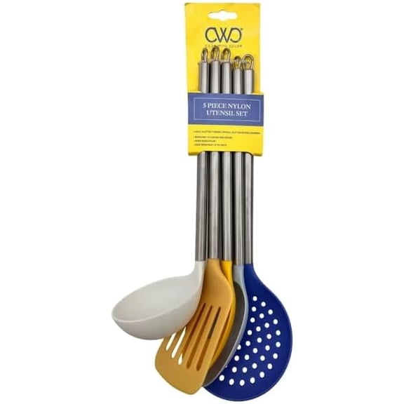 Cook With Color 5-Piece Nylon Kitchen Utensil Set with Stainless Steel Handles, Ladle, Turner & Straining Tools