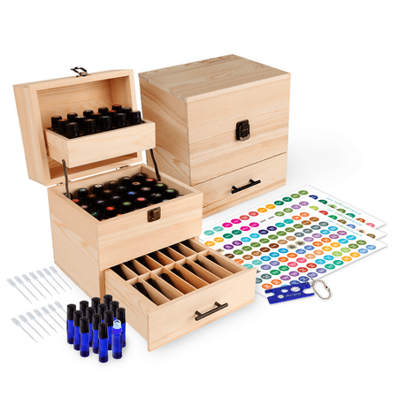 Wood Essential Oil Box Organizer - Holds 45 (5-15 ml) & 14 (10ml Roll-On) Essential Oil Bottles - Includes 14 Bottles, 1 Set of Labels, 1 Bottle Opener Tool, and 14