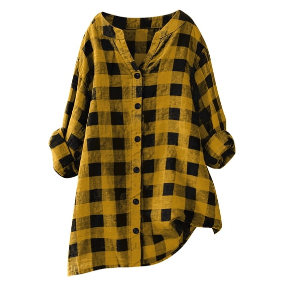 BUIGTTKLOP Plus Size Cotton Linen Tops for Women Button down Plaid Shirts Casual V Neck Dressy Blouses Solid Color Tunic Tops