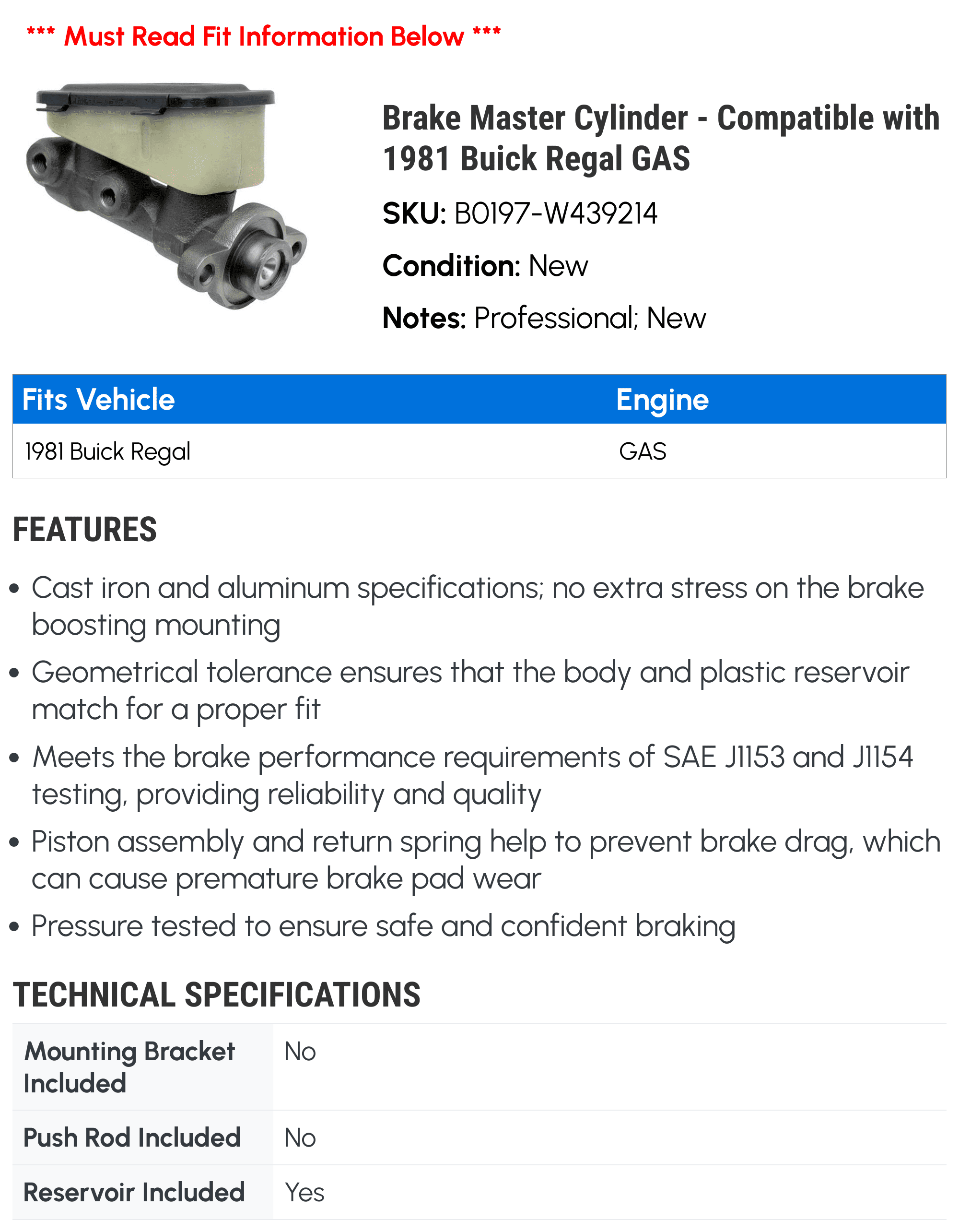 Brake Master Cylinder - Compatible with 1981 Buick Regal GAS