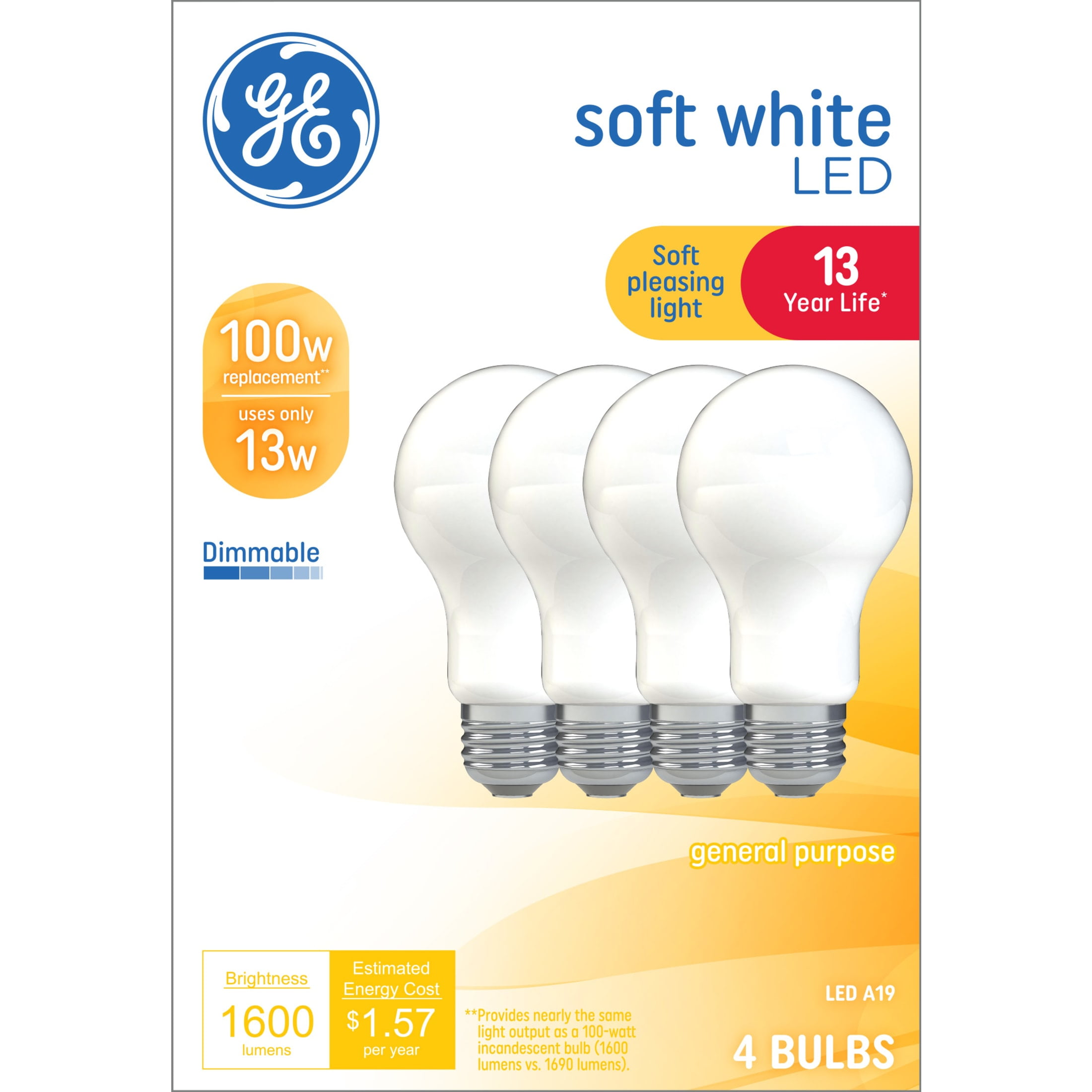 (2 pack) GE LED Light Bulbs, 100 Watt, Soft White, A19 Bulbs, Medium Base, Frosted Finish, 13yr, 4pk