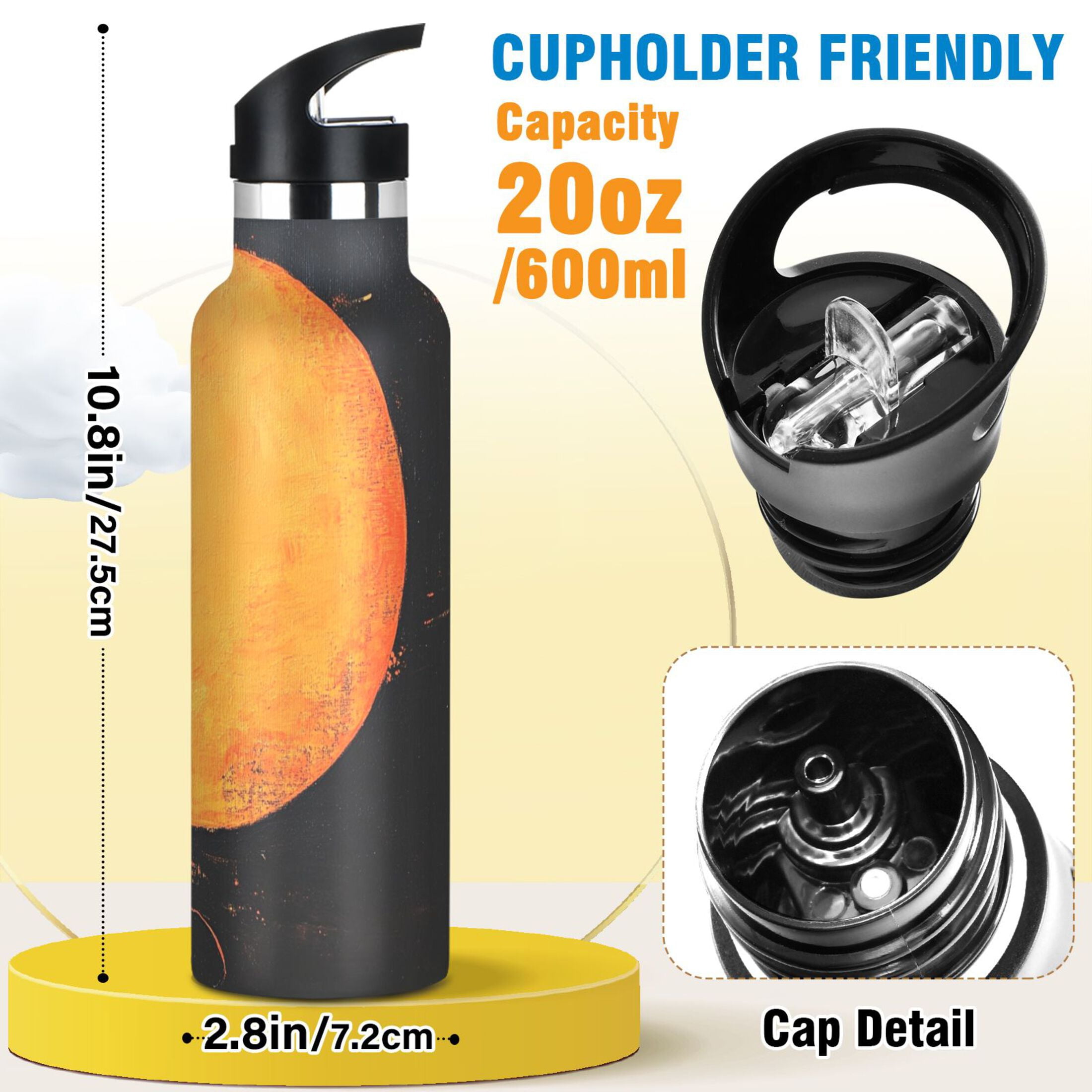 600ML Stainless Steel Insulated Cup Sports Water Bottle Portable Thermos Cup Water Glasses Insulated Tumblers Convenient and Durable Orange Moon Cat