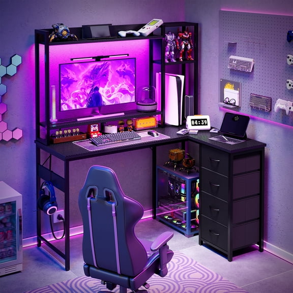 Tomnk L-Shaped Gaming Desk with Power Outlet & LED Lights, 47" Computer Desk with Hutch, Shelves & 4-Drawer Dresser, Carbon Fiber Black