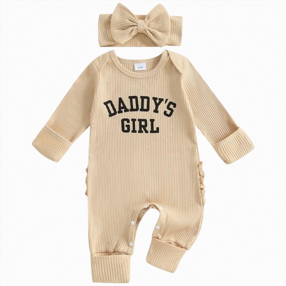 CAUYDY Newborn Baby Girls Romper Outfits Letter Daddy's Girl Print Ruffle Jumpsuit Bodysuit Fall Winter Clothes(L101-Beige,0-3 M)