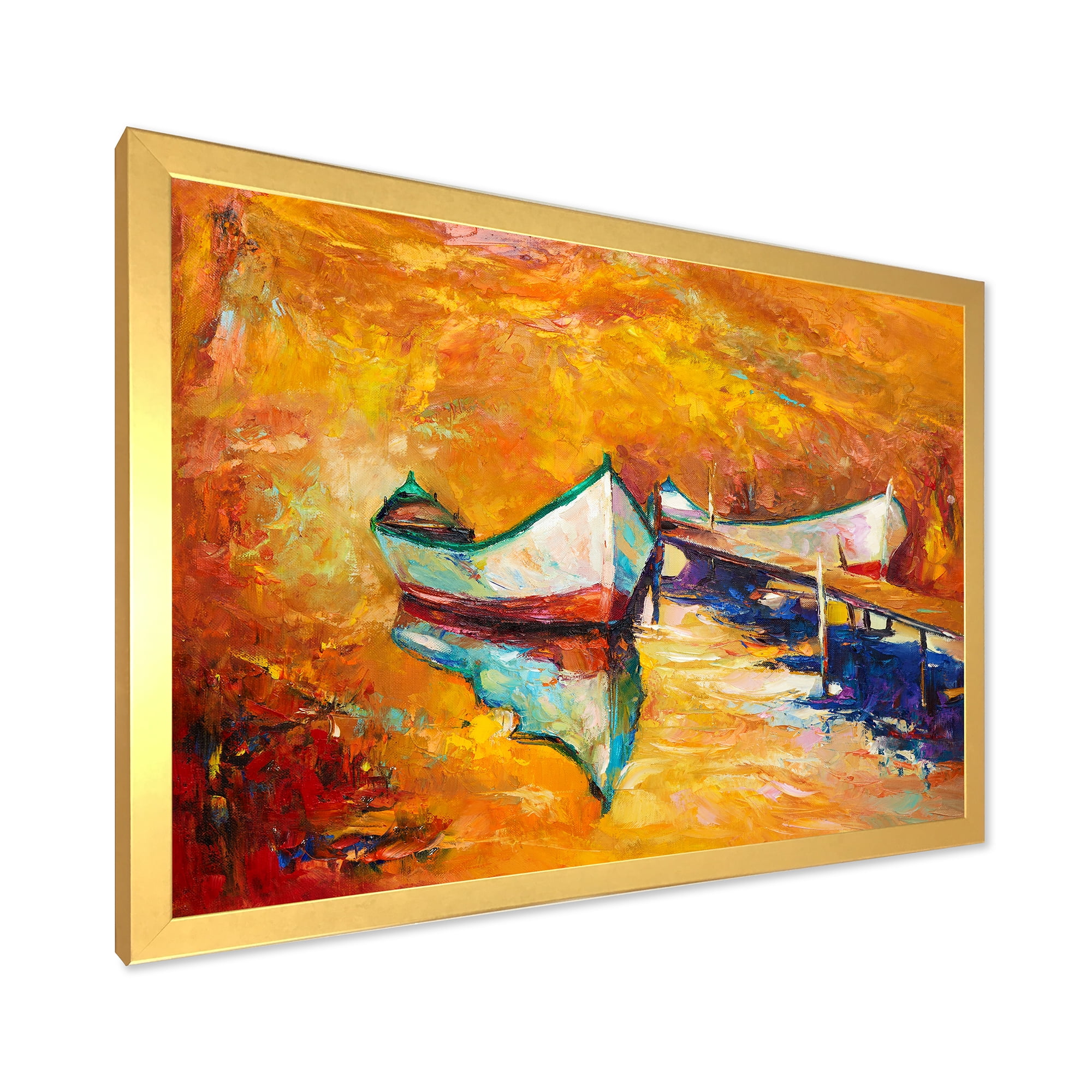 Little Boat During Warm and Orange Evening 32 in x 16 in Framed Painting Canvas Art Print, by Designart