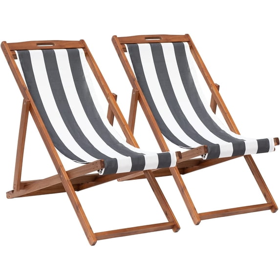 Outdoor Wooden Patio Lounge Chair 2 Set Beach Sling Chair Set Height Portable Reclining Beach Chair Solid Wood Frame with White Polyester Canvas 3 Level,WB