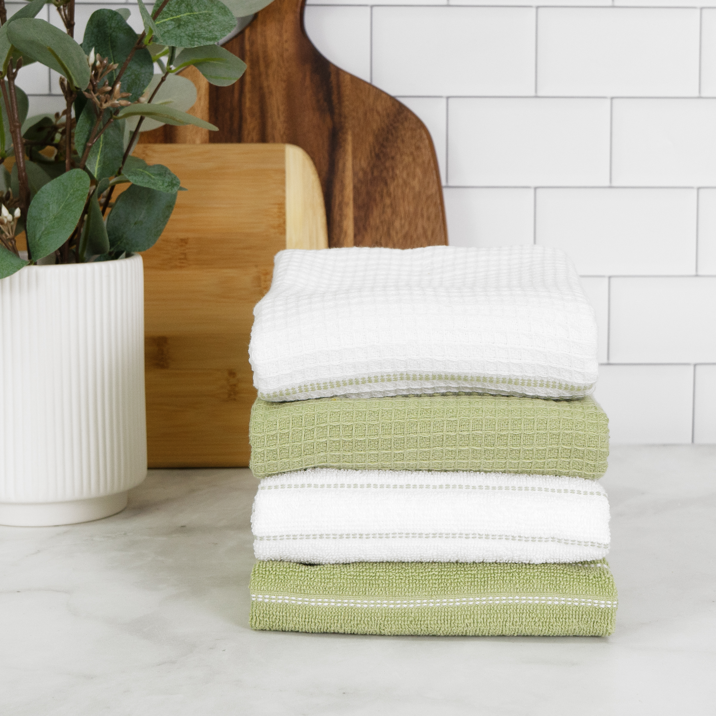 All-Clad Skipping Stripe & Wave Kitchen Towels, 4-Pack, Fennel