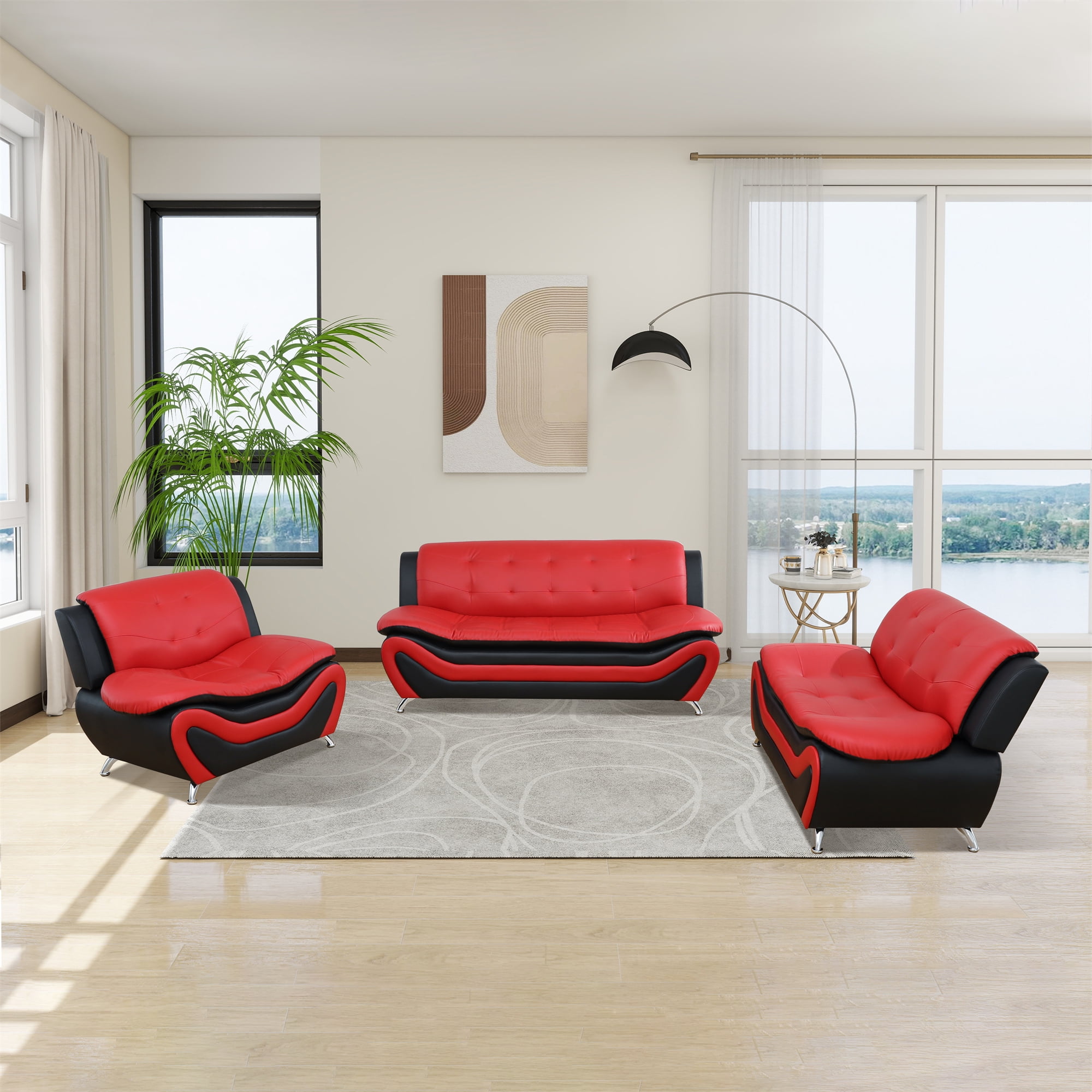 Aukfa 3 Piece Sofa Set - 42" Wide Upholstered Couch Armchair, Leather, Black&Red