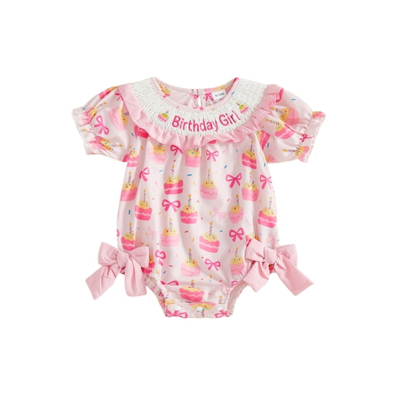 Spewahor Baby Girl Birthday Romper Pink Cake Bow Print Short Sleeve Round Neck Jumpsuit with Bow