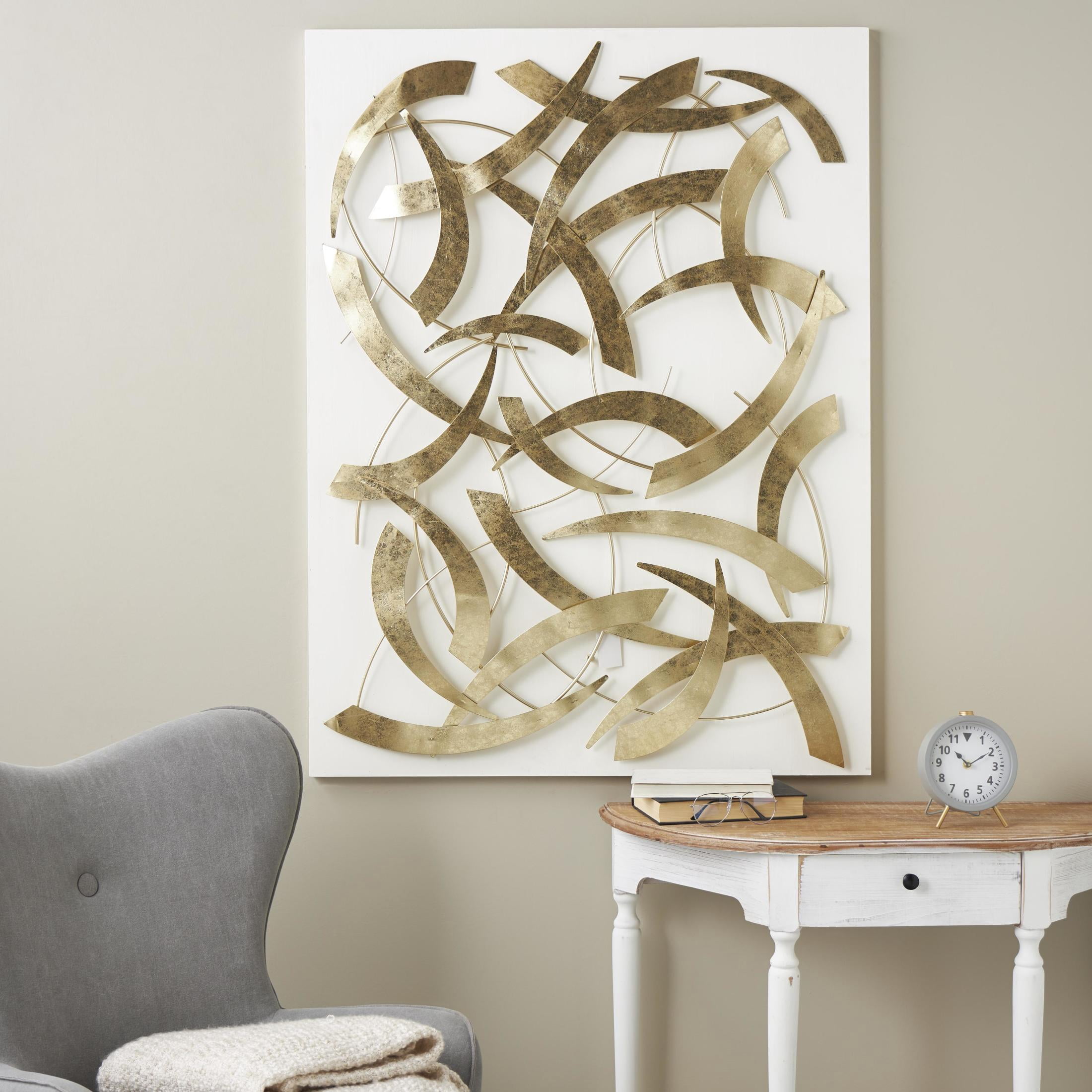 DecMode Gold Metal Metallic Curved Rod Abstract Wall Decor with White Wood Backing