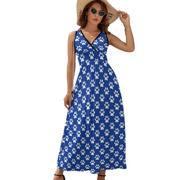 Dog Paw Blue Dress Fashion Boho Beach Long Dresses Female Party Printed Maxi Dress