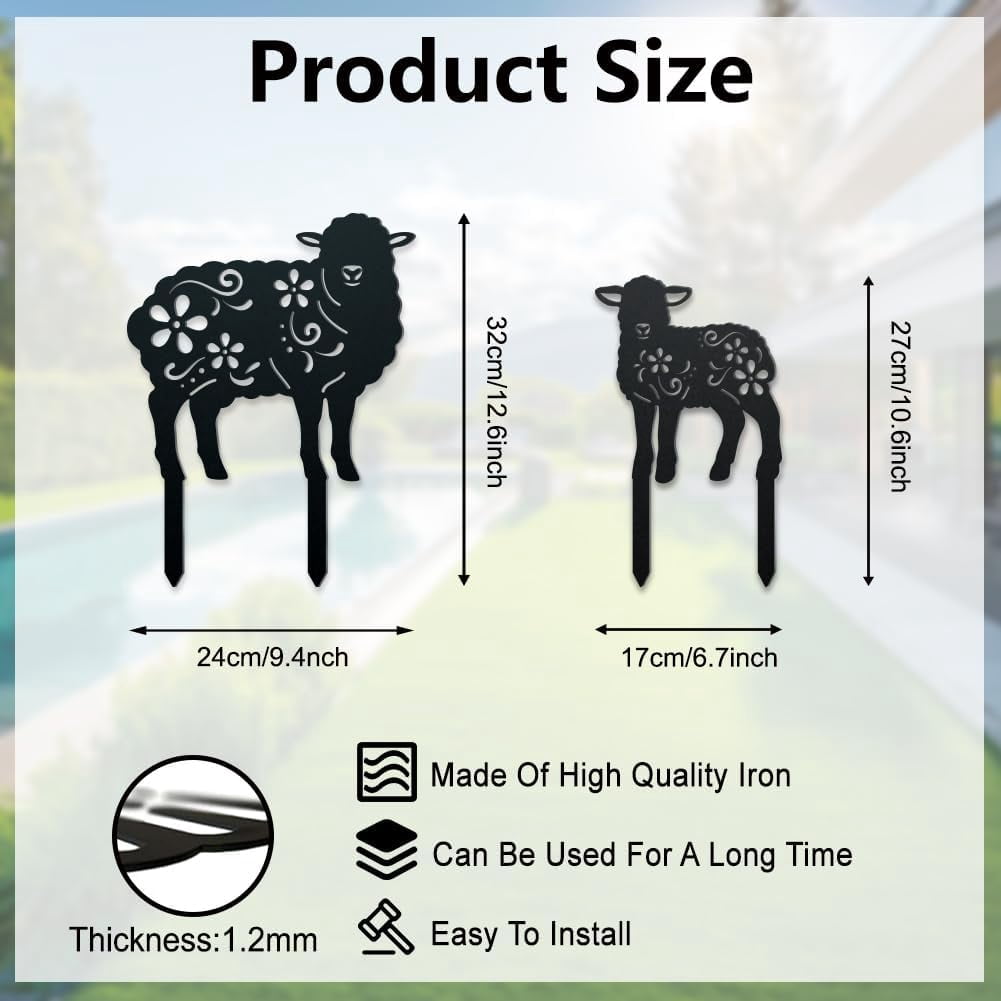 2 Styles Sheep Metal Decorative Garden Stakes Funny Sheep Flowers Metal Silhouette Statues Animal Garden Ornament Gifts Black Yard Art Decoration