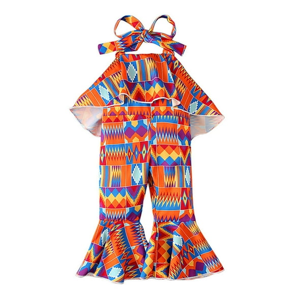 XXWXYD Baby Girls African Ankara Print Romper Set - Sleeveless Ruffled Toddler Girls Outfit, Traditional Backless Design for Festivals, Lightweight Summer Casual Clothes