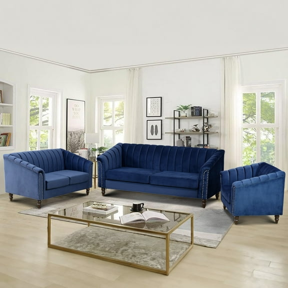 Aukfa 3 Pieces Sectional Sofa Couch Set for Living Room, 3 Seat Sofa, Loveseat and Accent Chair,Blue