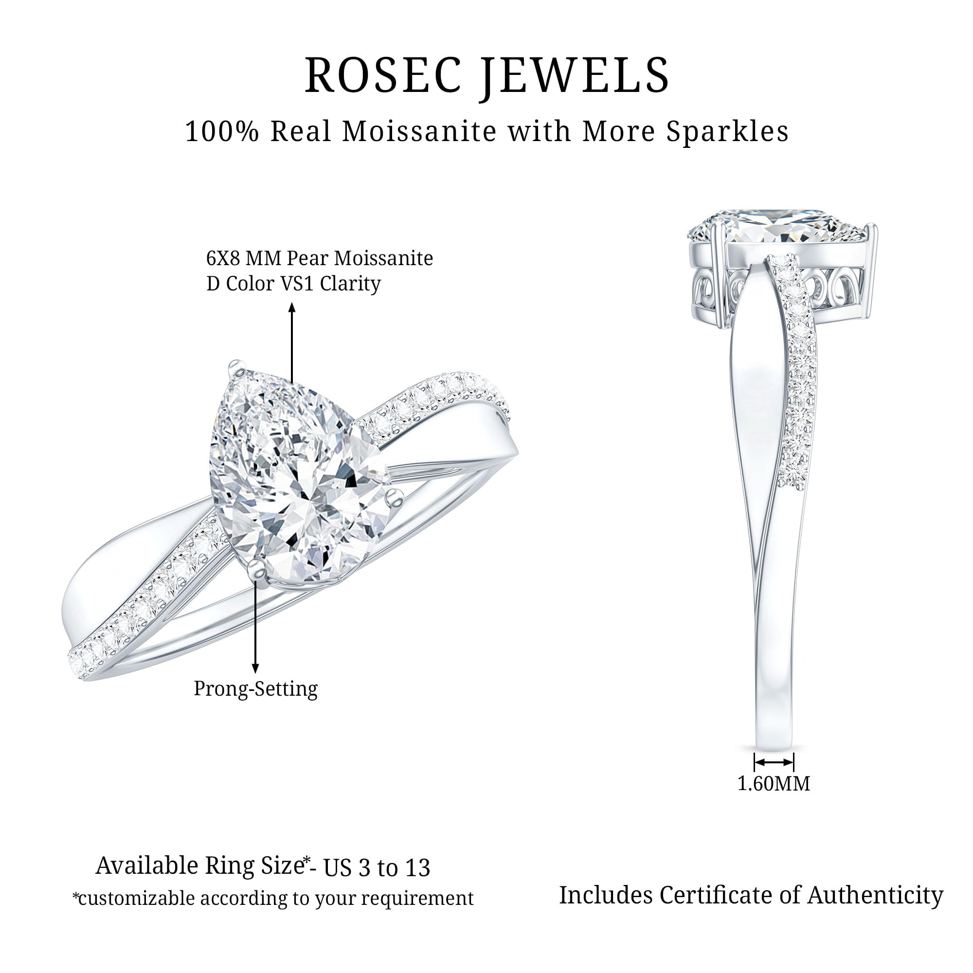 Rosec Jewels Pear Shaped Moissanite Solitaire Engagement Ring for Women (1.3 Carat, D-VS1 Quality) - Jewelry Box Included, 925 Sterling Silver, US 4.00