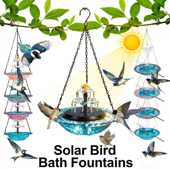 Solar Cascade Hanging Bird Bath Fountain, Outdoor Hanging Bird Bath with Solar Fountain, Large Humming Birds Baths Fountains, with Solars Pump & Glass Bowl, for Outdoor, Gardens - Three Floors-Blue