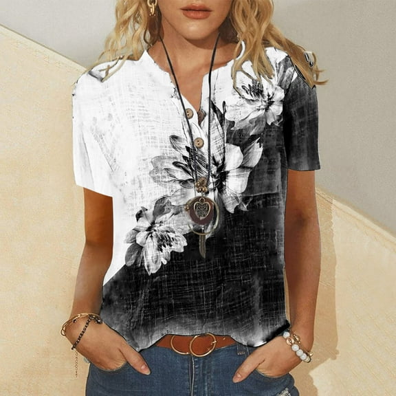 Fesfesfes Loose Fitting Tops for Women Summer Casual Short Sleeve T-Shirt Button Round Neck Pullover Blouse Tops Short Sleeve Tshirts Shirts for Women L(US:8)