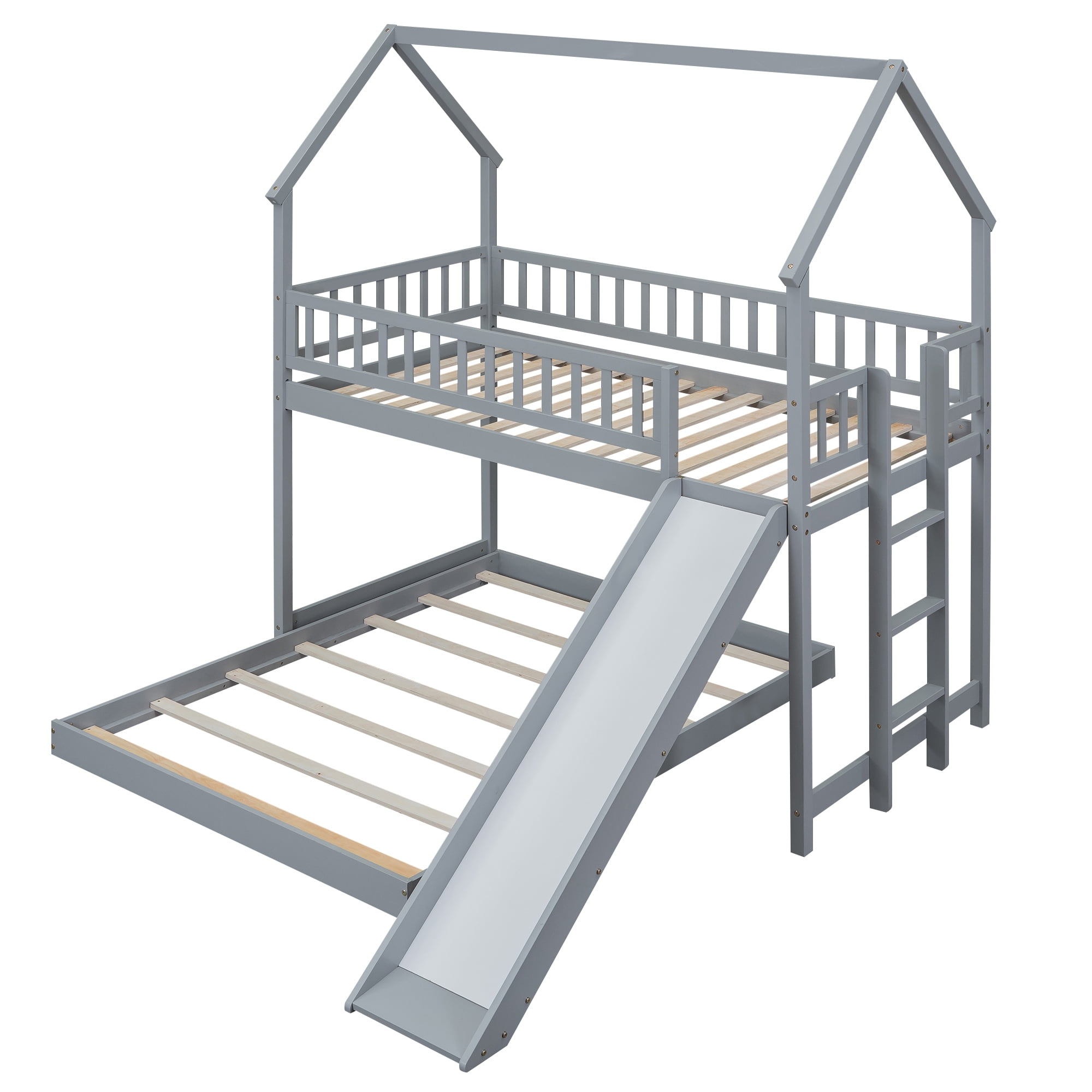 Euroco Modern Wood Twin over Full House Bunk Bed for Kids Teens Bedroom, Gray