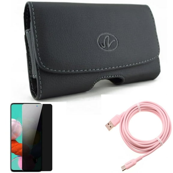 Case Belt Clip & 10ft Long USB-C Cable & Privacy Screen Protector for Samsung Galaxy S20 Fan Edition - Leather Swivel   Pink Charger Cord   Tempered Glass Anti-Spy Combo