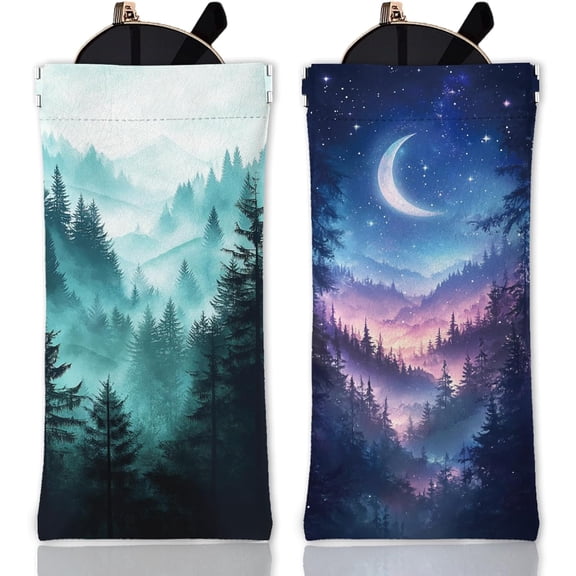 2Pcs Mountains Soft Glasses Case Starry Sky Forest Travel PU Leather Glasses Bag Squeeze Top Eyeglass Case Crescent Moon Portable Sunglasses Pouch for Watches Phones Makeup Brushes Colorful DIY